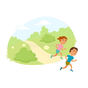 卡通小孩跑孩子们跑矢量照片