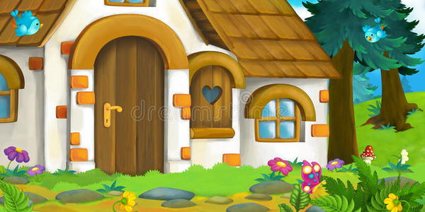 森林里一所旧房子的卡通背景照片