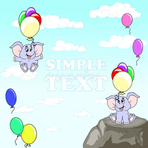 带气球的有趣大象。 大耳朵在多色气球上飞行的大象。 天空有云。 儿童明信片。