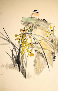 中国水墨画鸟和植物