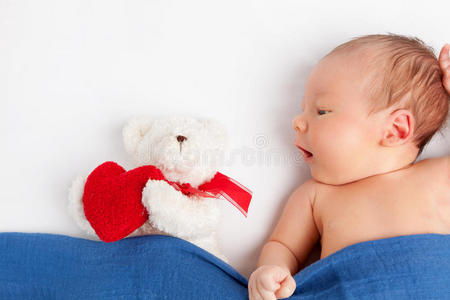 可爱的新生婴儿，毯子下面有一只泰迪熊