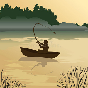 钓鱼。 渔夫在日出时捕鱼。 早上咬一口。 漂浮在湖面上的船上的人。 在河流中间的人