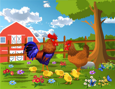 收集 风景 领域 栅栏 大牧场 插图 自然 谷仓 卡通 母鸡
