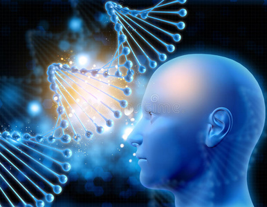 具有DNA链和男性头部的三维医学背景