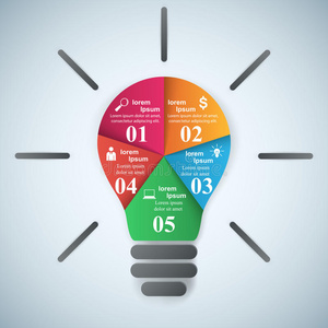 商业信息图形折纸风格矢量插图。 灯泡图标。 灯光图标。