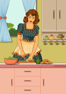 厨房 五十年代 插图 剪贴画 切碎 美味的 女孩 烹饪 女佣