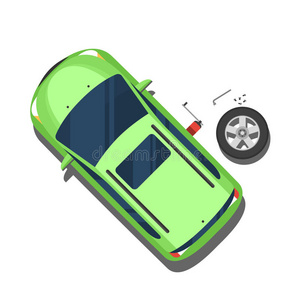 汽车，更换车轮，修理工作。 上面的风景。 矢量插图平面风格隔离在白色背景上