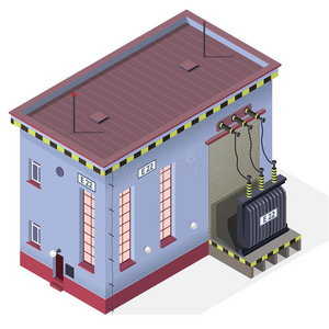 电力建筑电力变压器等距建筑信息图形. 高压发电站.照片