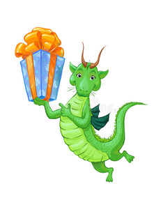 一条可爱的小青龙带着礼物. 卡通素描照片