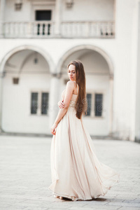 漂亮的女孩，长头发的模特在柱子附近的旧城堡里摆姿势。 克拉科夫瓦维尔
