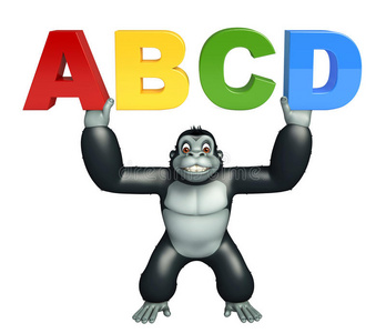 有趣的大猩猩卡通人物与ABCD标志