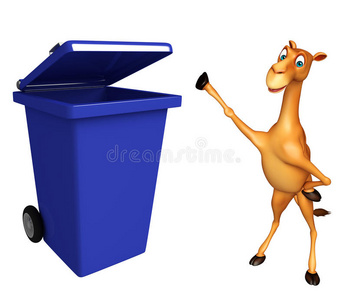 可爱的骆驼卡通人物与垃圾箱