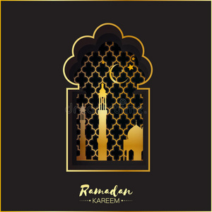 黑色黄金折纸清真寺窗口,用于斋月卡雷姆贺卡.照片