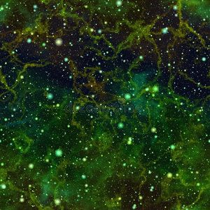 抽象的深绿色宇宙。 星云夜空星空。 闪闪发光的外层空间。 纹理背景。 无缝插图。