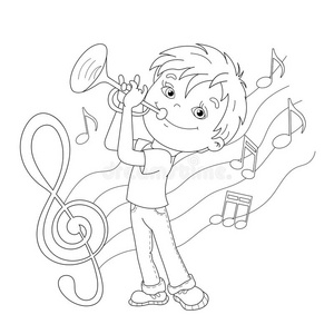 小号的男孩卡通男孩吹小号的着色页面轮廓照片