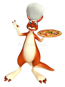 可爱的袋鼠卡通人物带披萨和厨师帽
