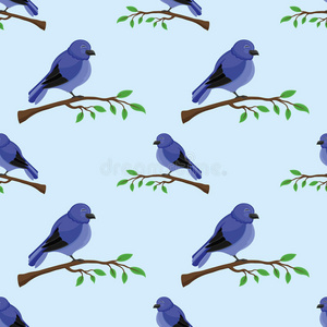 蓝色的鸟坐在树枝上。