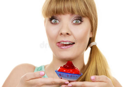 美味的 面对 放纵 享受 饮食 情绪 女人 暴饮暴食 纸杯蛋糕