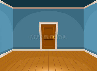 卡通平空房间,有一扇蓝色风格的门照片