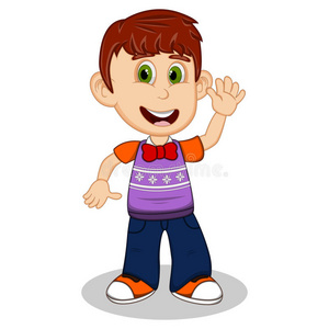 卡通短袖孩子们挥舞着他的手,穿着紫色短袖毛衣和黑色裤子卡通照片