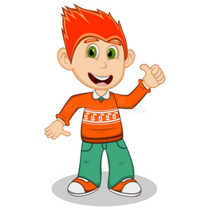 孩子们竖起大拇指,穿着橙色长袖毛衣和绿色裤子卡通小孩给看拇指在