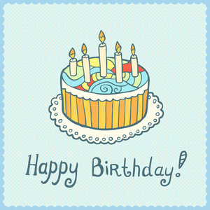 生日卡上有蓝色纹理背景的蛋糕。