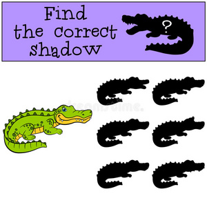 儿童游戏找到正确的影子。 可爱的小鳄鱼。