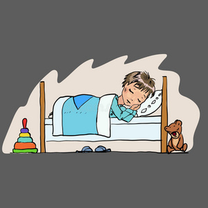 婴儿睡眠图标,一个小男孩在床上模式,晚上的睡眠照片