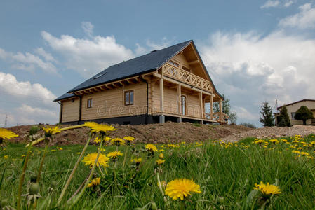 在覆盖的草地上建造一座木屋