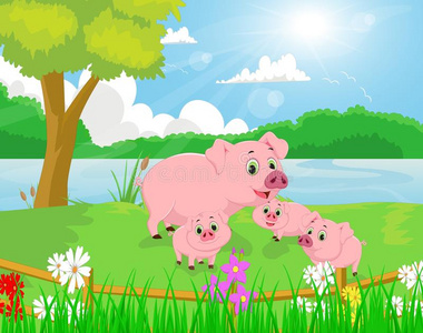 平德开心农场猪的家族卡通风格的字母表横幅,猪动物家族和p信