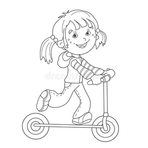 矢量平面卡通插画儿童骑滑板车.