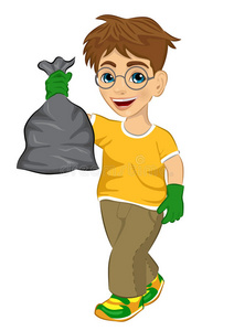 穿着黄色t恤和绿色橡胶手套的可爱少年男孩拿着垃圾袋照片