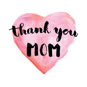 贺卡水彩卡。 母亲节。谢谢妈妈。彩色手绘背景，粉红色和紫色。