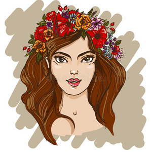 艺术 波西米亚 肖像 头发 时尚 花的 女士 花束 美女