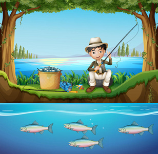 收集 海洋 绘画 花的 要素黑色和白色版本的卡通风格形象的一个钓鱼的