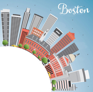 波士顿天际线有建筑，蓝天和复制空间。