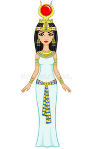 动画埃及公主在黄金首饰。女神伊西达。全面发展。