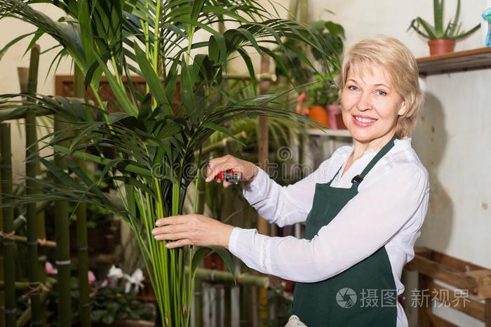 站在植物之间的女性花店