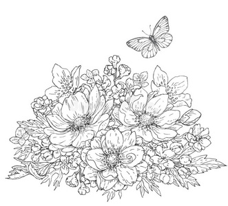一朵花和蝴蝶素描照片