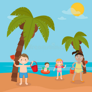 孩子们的海上假期。 女孩和男孩在海滩上玩耍和游泳。