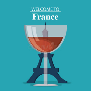 法国设计。 埃菲尔铁塔和一杯酒。 图形