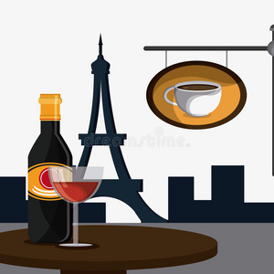 法国设计。 咖啡店。 埃菲尔铁塔地标。 图表