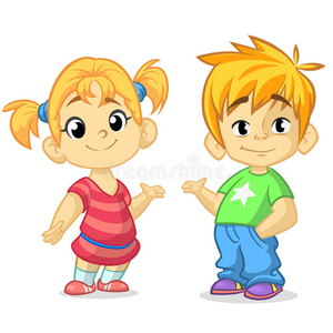 可爱的卡通男孩和女孩举手矢量插图。 男孩和女孩问候设计。 孩子们的夏装。 儿童病媒。 CA