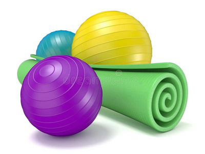 绿色健身垫和普拉提球。 3D
