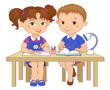 有趣的小学生坐在桌子上阅读画粘土卡通插图照片