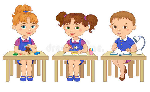 小学生阅读有趣的小学生坐在桌子上阅读画粘土卡通插图照片