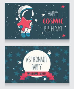 卡片与可爱的宇航员和明星在太空生日聚会的宇宙风格