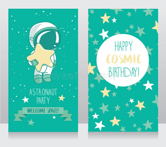 卡片与可爱的宇航员和明星在太空生日聚会的宇宙风格