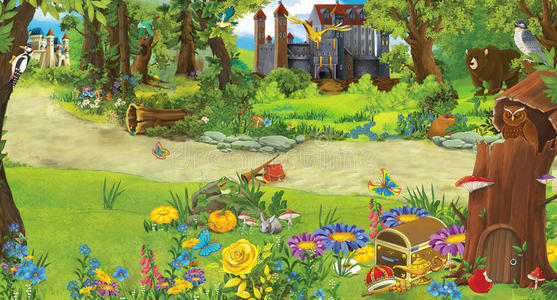 卡通场景与城堡和树屋在森林舞台不同的用途童话书或游戏