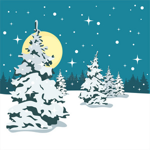 雪中的圣诞树。 夜晚和月亮。